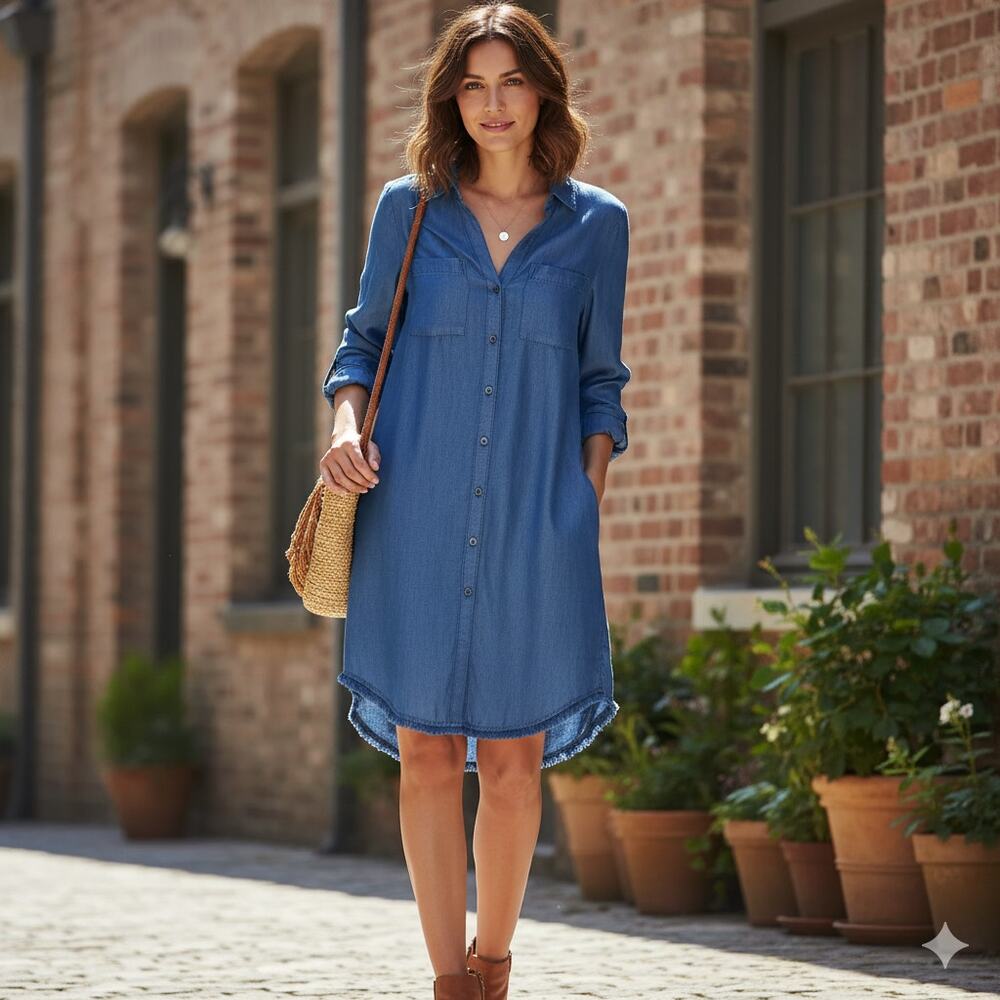 NWT Hope & Harlow Button Down Long Sleeve Lyocell Denim Dress Fringe Hem Size 8